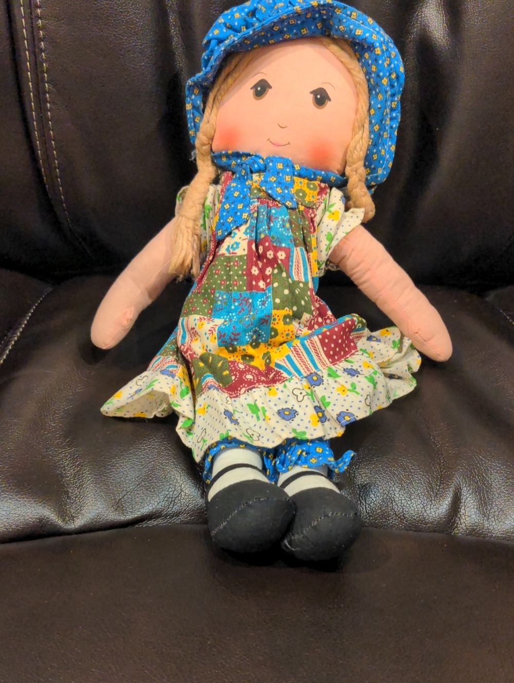 Handmade Patchwork Cloth Doll in Blue Dress and Bonnet